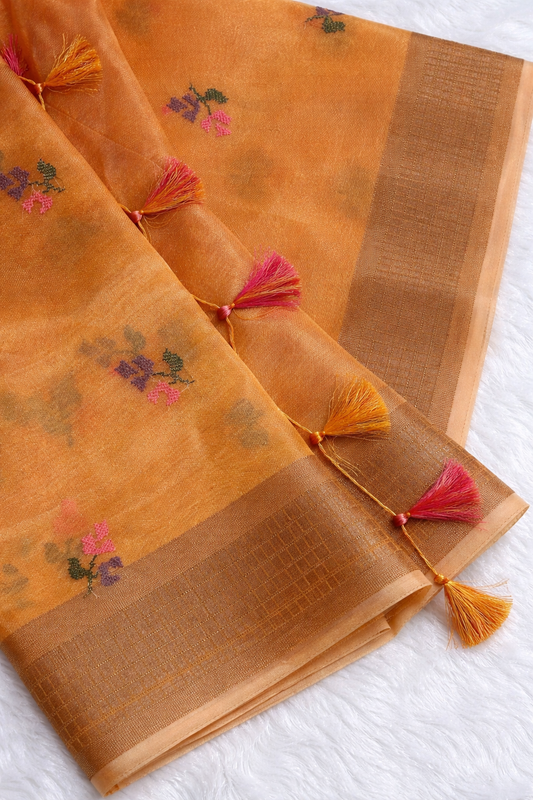 Mustard Cotton Saree with Subtle Floral Embroidery
