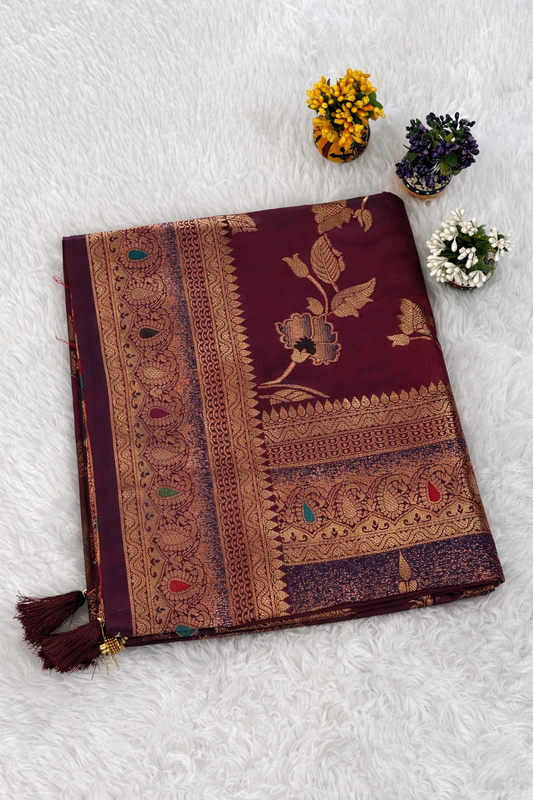Wine Maroon Banarasi-Style Saree with Floral Zari Weave