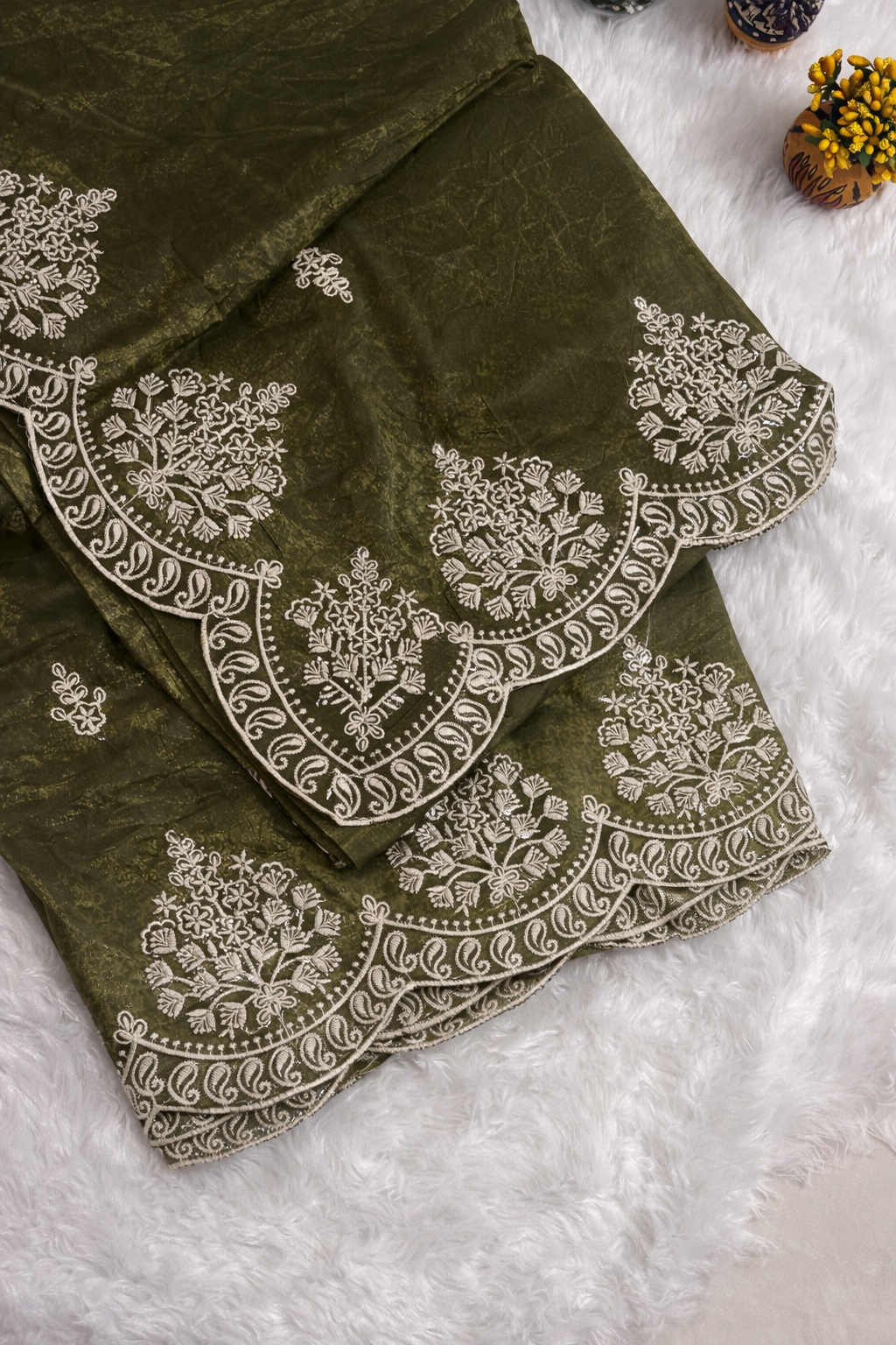 Olive Green Jimmy Choo Style Saree with Elegant White Embroidery