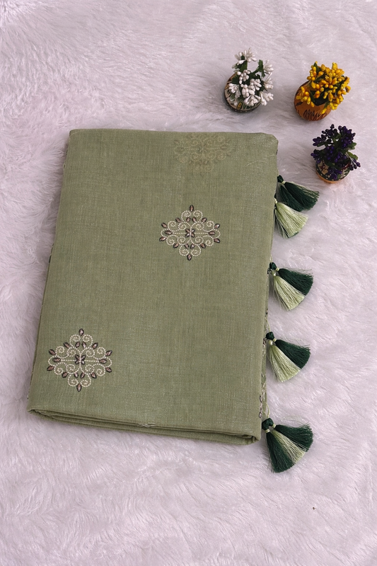 Green Premium Handloom Linen Silk Saree with Elegant Embroidery, Zari Border & Tassels
