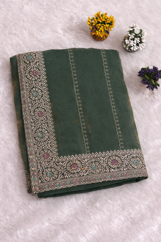 Bottle Green Linen Silk Saree with Multicolor Embroidered Border