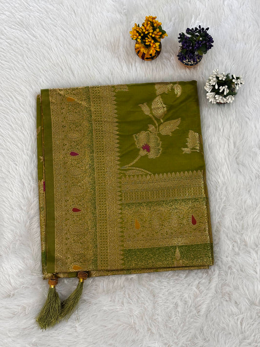 Olive Green Silk Saree with Antique Gold Floral Weave & Traditional Zari Border