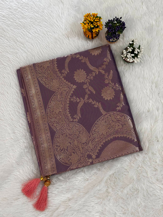 Plum Purple Silk Saree with Gold Floral Jaal and Ornate Zari Border