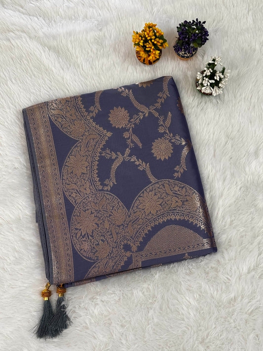Slate Blue Silk Saree with Gold Floral Jaal and Elegant Zari Border