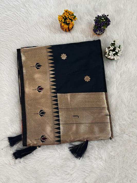 Classic Blue Silk Saree with Gold Zari Border and Floral Butti Motifs