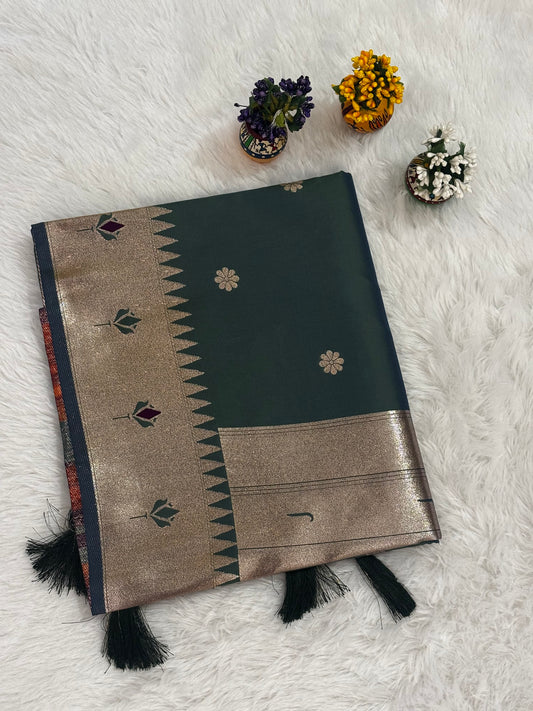 Bottle Green Silk Saree with Gold Zari Border and Floral Butti Motifs