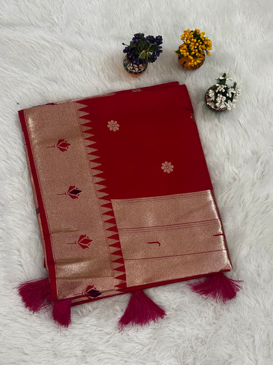 Classic Red Silk Saree with Gold Zari Border and Floral Butti Motifs