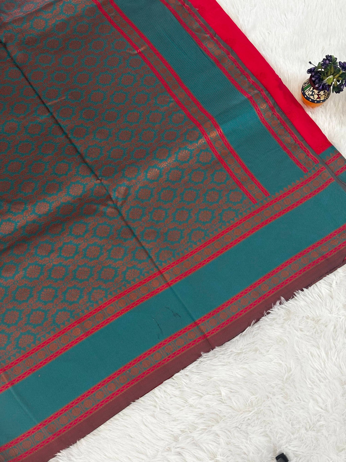 Teal Blue & Magenta Dual-Tone Silk Saree with Traditional Woven Border and Tassels