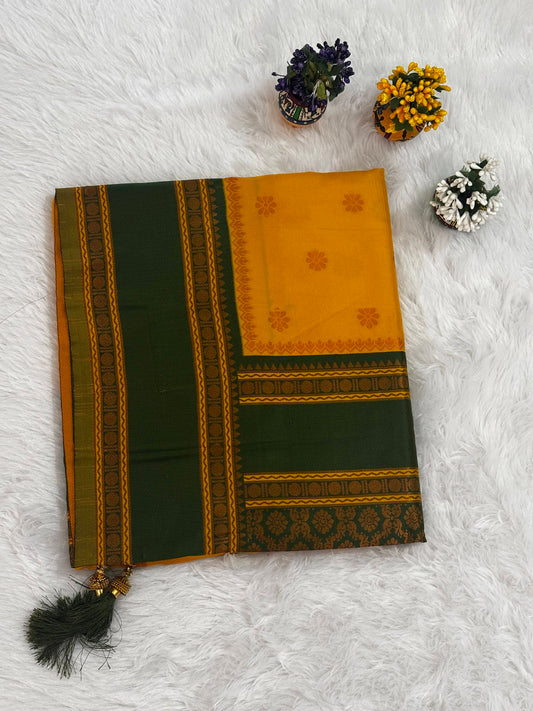Mustard Yellow & Forest Green Silk Saree with Traditional Woven Border and Tassels