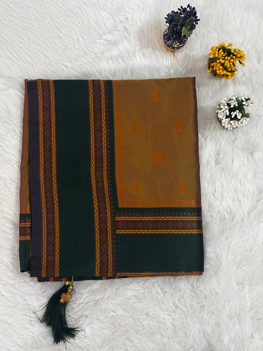 Olive Mustard & Deep Green Silk Saree with Traditional Woven Border and Tassels Description: