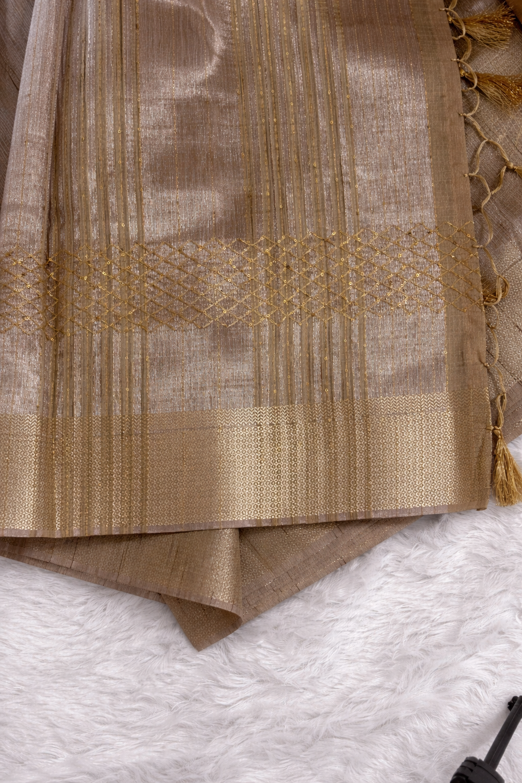 Beige Khadi Silk Saree with Golden Zari Border & Handcrafted Tassels