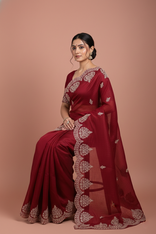 Red Jimmy Choo Style Saree with Elegant White Embroidery