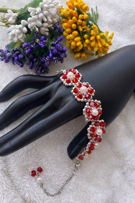 Elegant Red Floral Pearl Bracelet