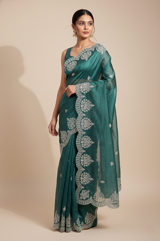Sea Green Jimmy Choo Style Saree with Elegant White Embroidery