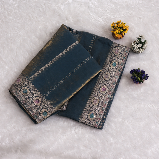 Teal Blue Linen Silk Saree with Multicolor Embroidered Border