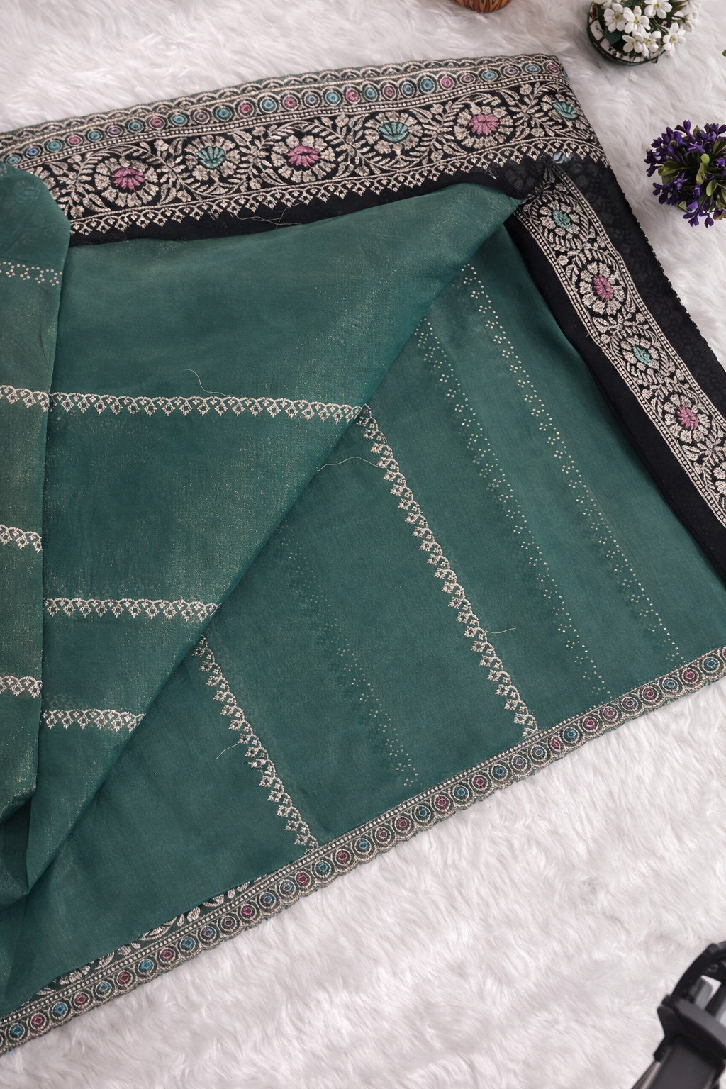 Teal Blue Linen Silk Saree with Multicolor Embroidered Border