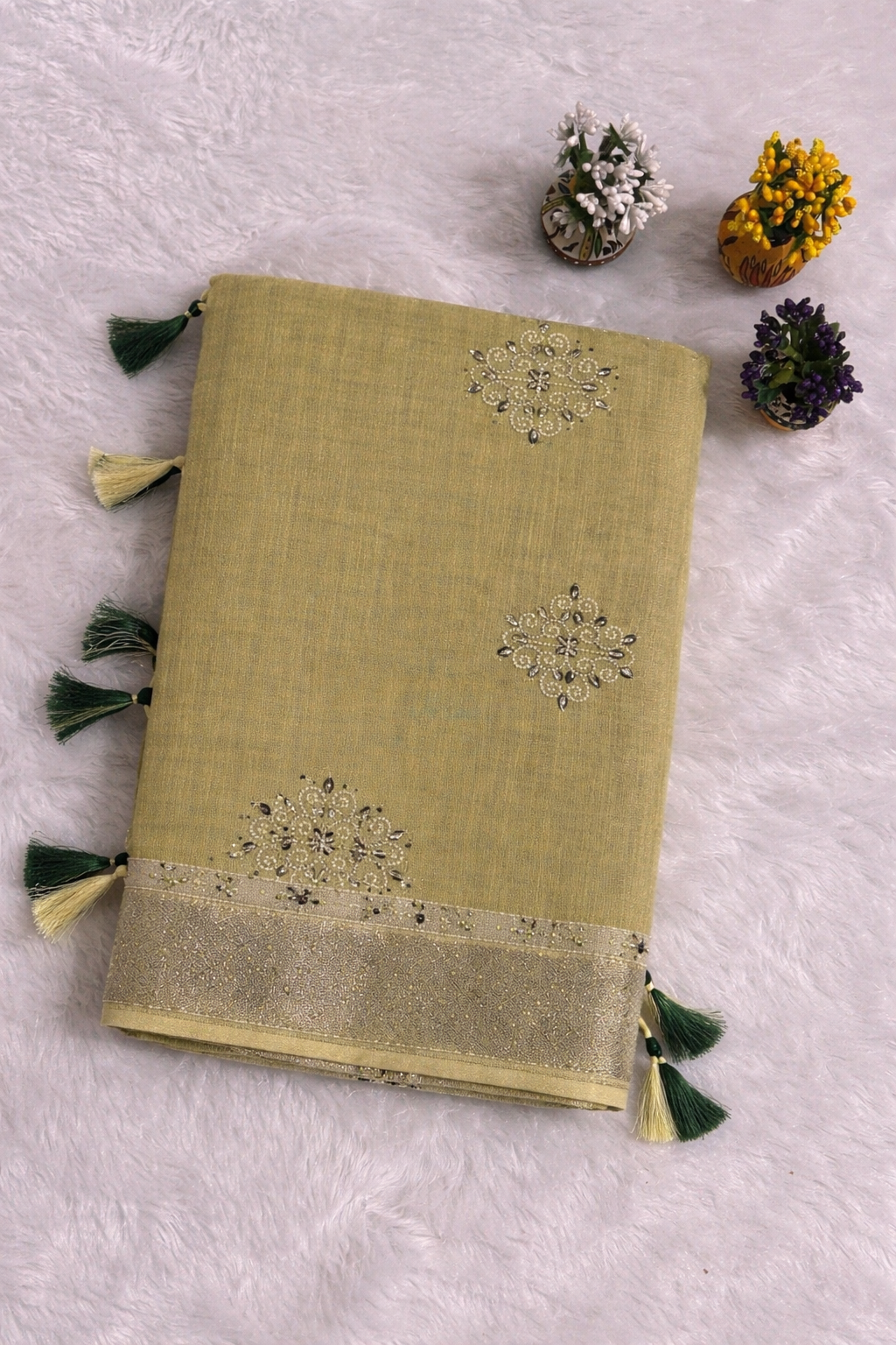 Yellow Premium Handloom Linen Silk Saree with Elegant Embroidery, Zari Border & Tassels