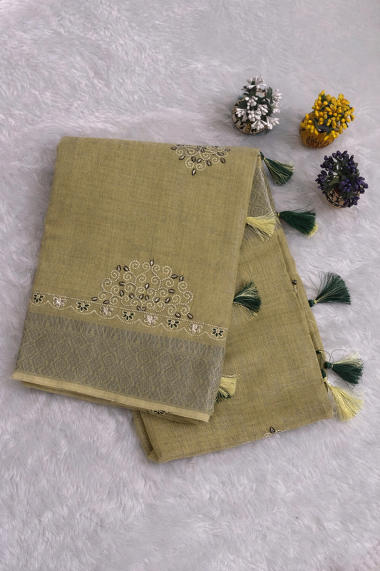 Yellow Premium Handloom Linen Silk Saree with Elegant Embroidery, Zari Border & Tassels