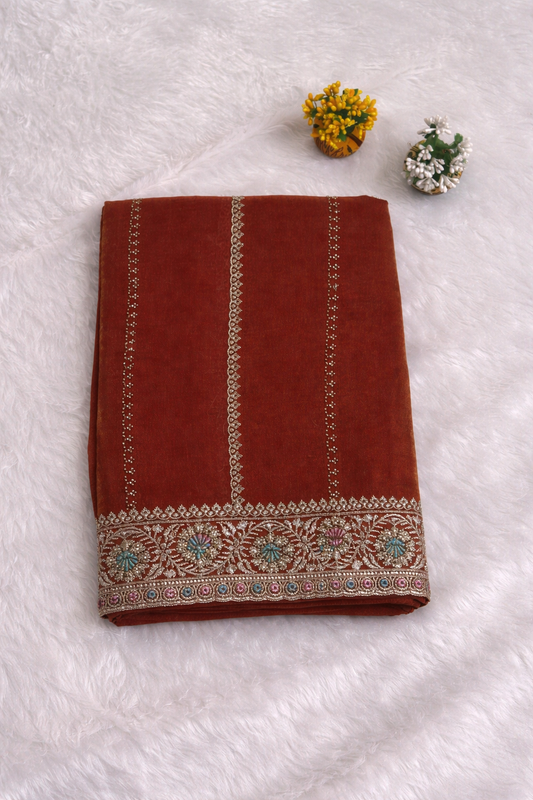 Rust Orange Linen Silk Saree with Multicolor Embroidered Border