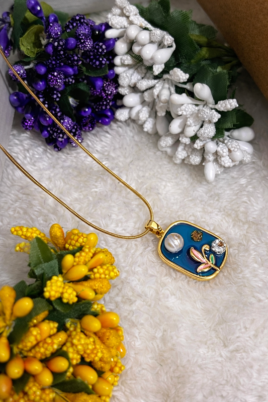 Elegant Blue Enamel Floral Pendant Necklace