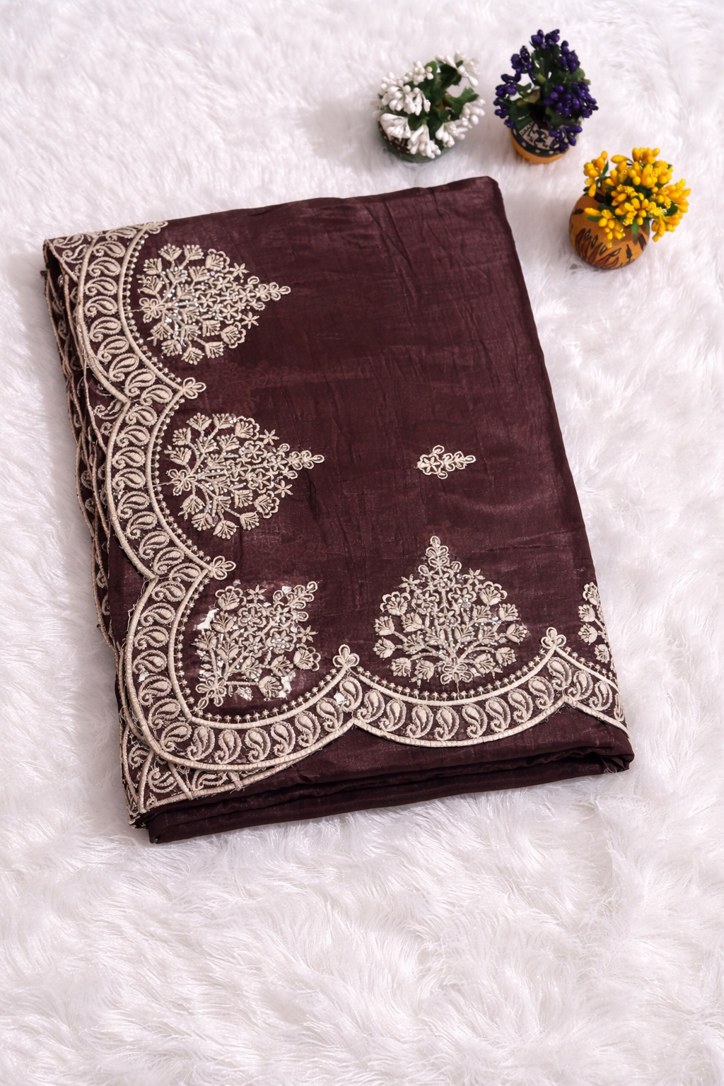 Berry Wine Jimmy Choo Style Saree with Elegant White Embroidery