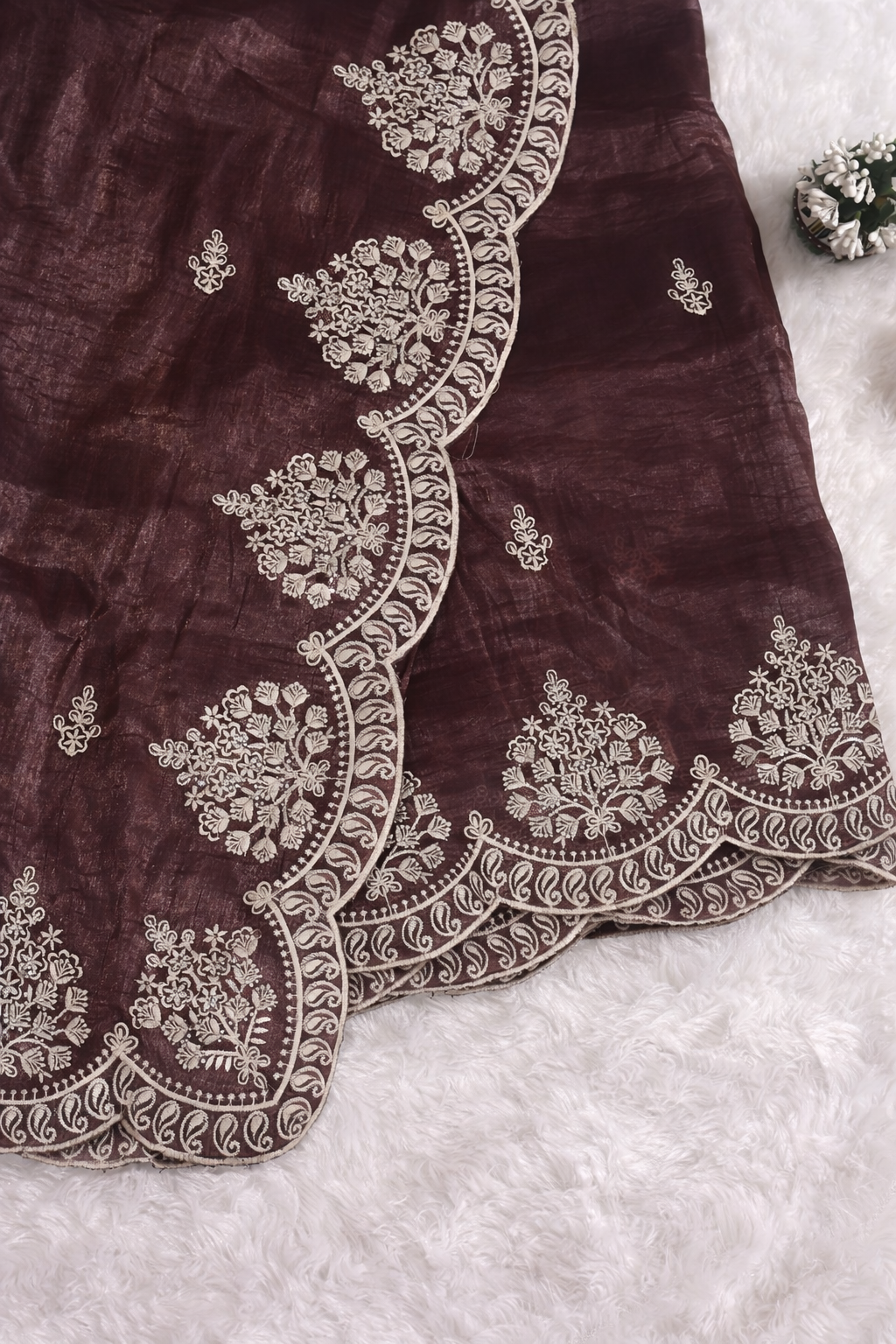 Berry Wine Jimmy Choo Style Saree with Elegant White Embroidery