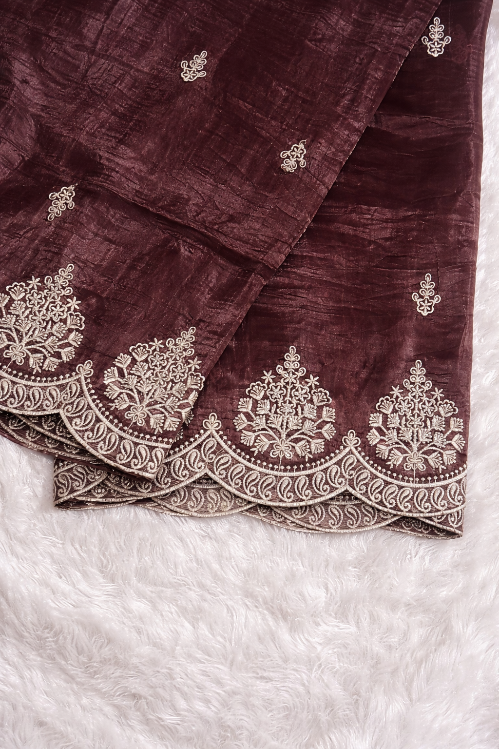 Berry Wine Jimmy Choo Style Saree with Elegant White Embroidery