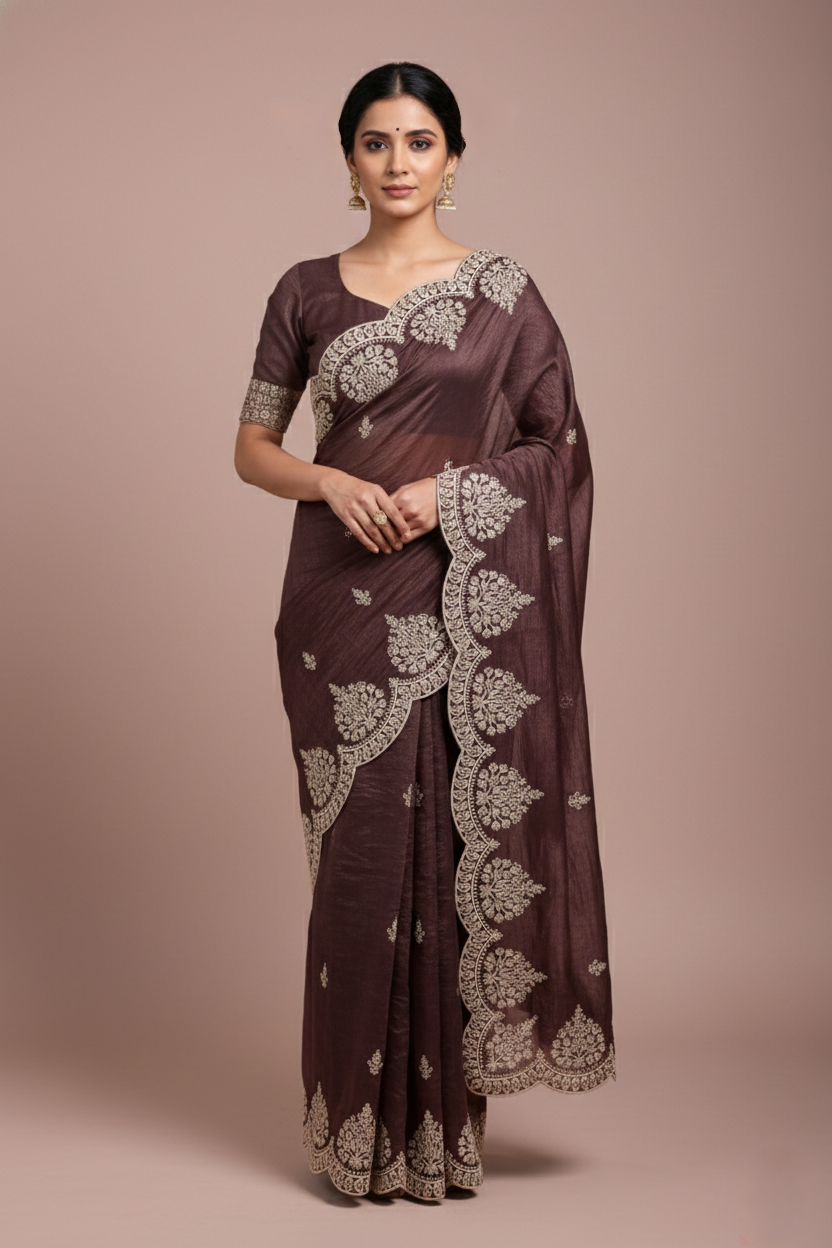Berry Wine Jimmy Choo Style Saree with Elegant White Embroidery