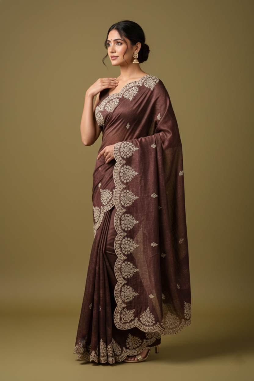 Berry Wine Jimmy Choo Style Saree with Elegant White Embroidery