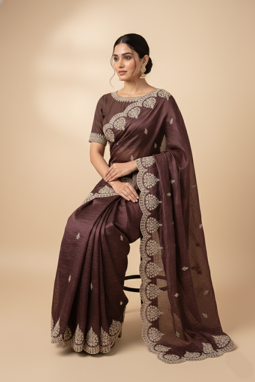 Berry Wine Jimmy Choo Style Saree with Elegant White Embroidery