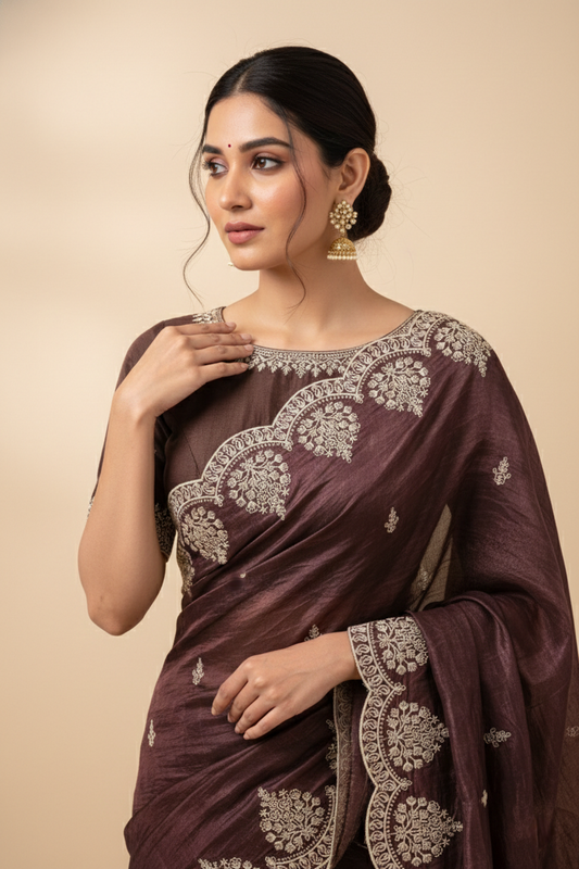 Berry Wine Jimmy Choo Style Saree with Elegant White Embroidery