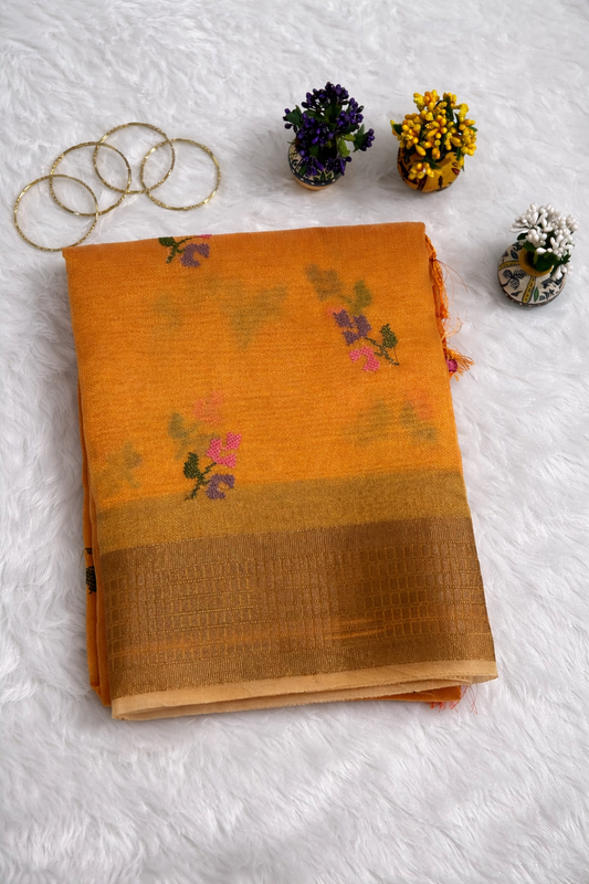 Mustard Cotton Saree with Subtle Floral Embroidery