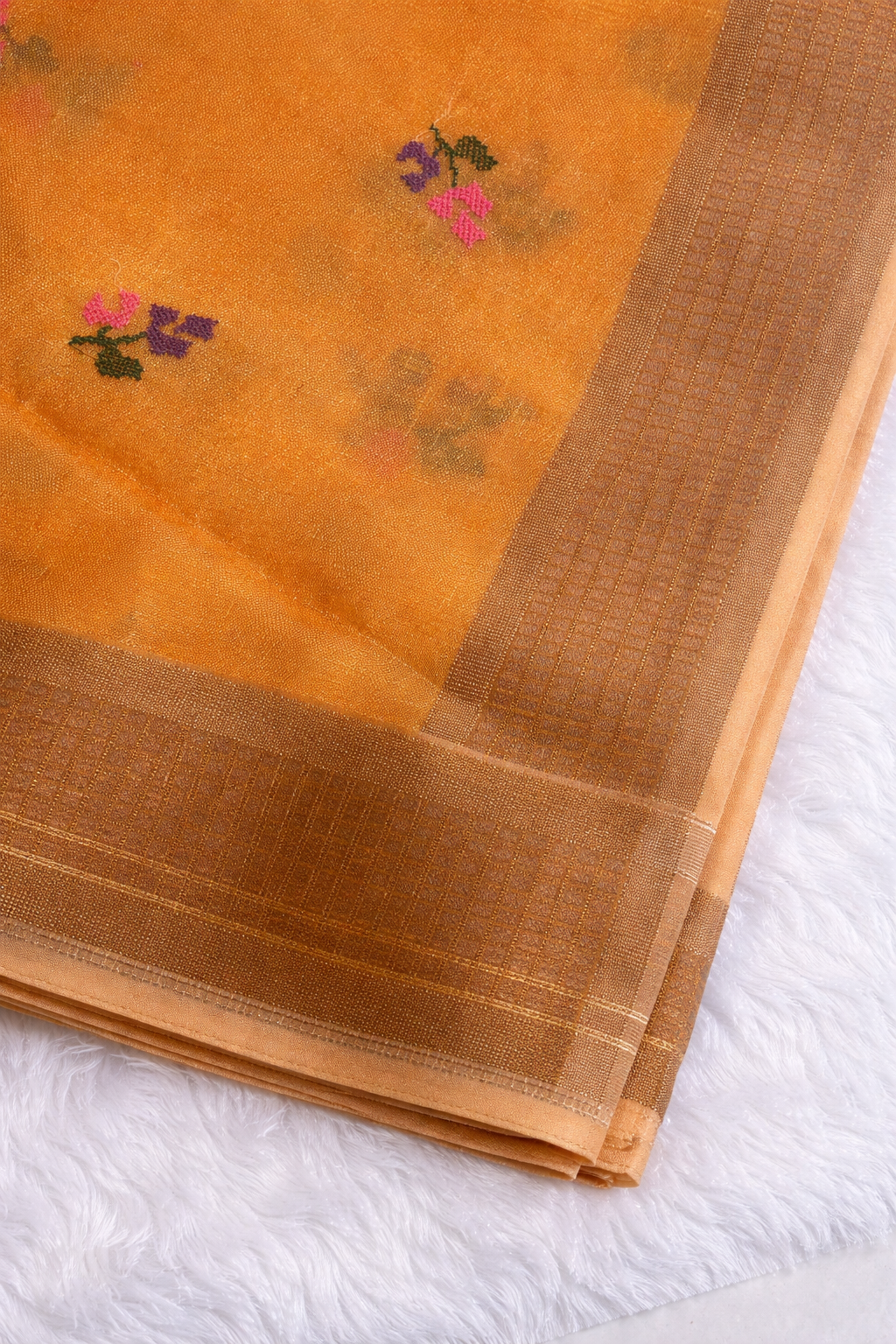 Mustard Cotton Saree with Subtle Floral Embroidery