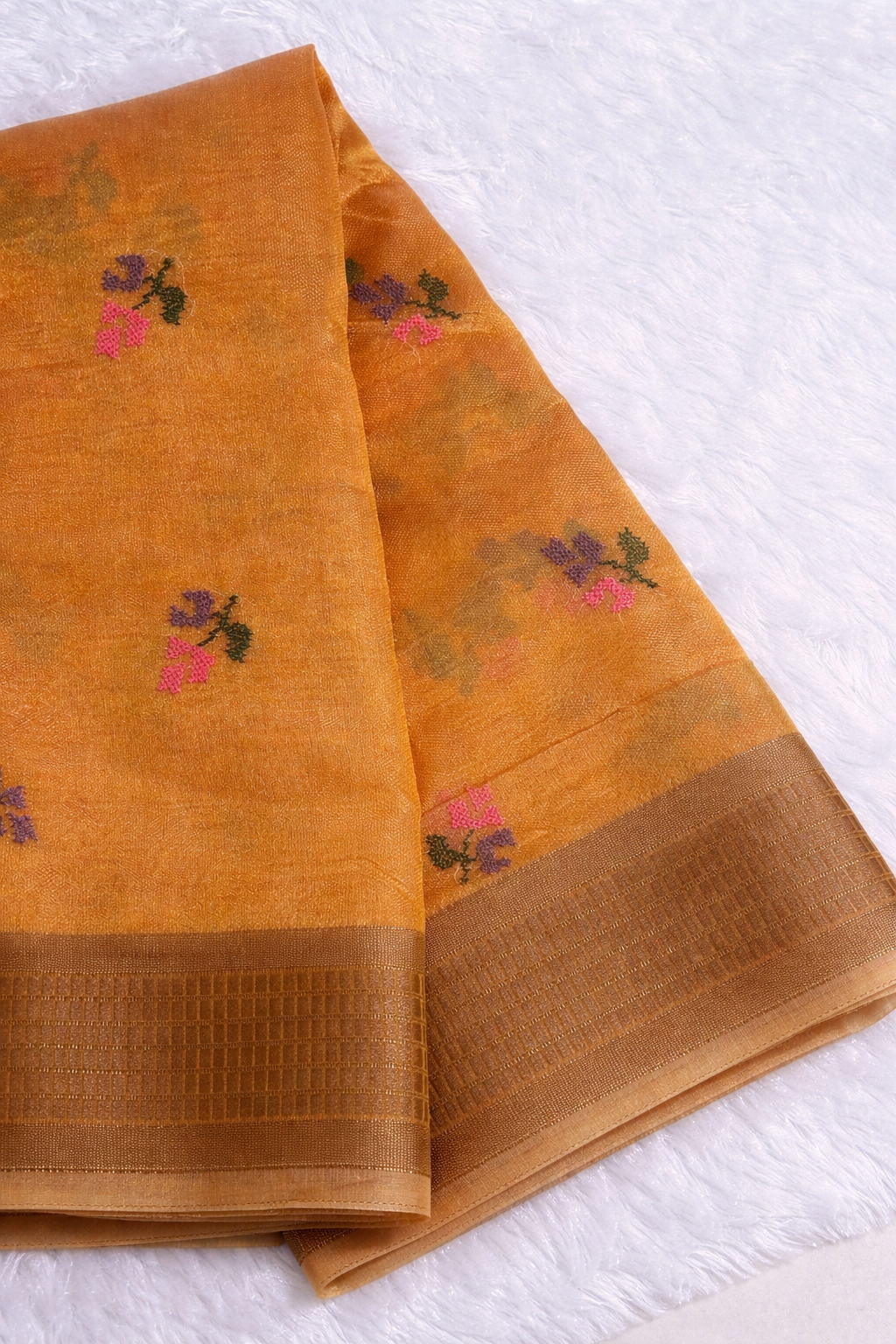 Mustard Cotton Saree with Subtle Floral Embroidery