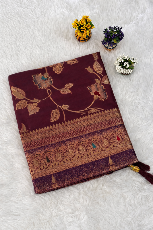 Wine Maroon Banarasi-Style Saree with Floral Zari Weave