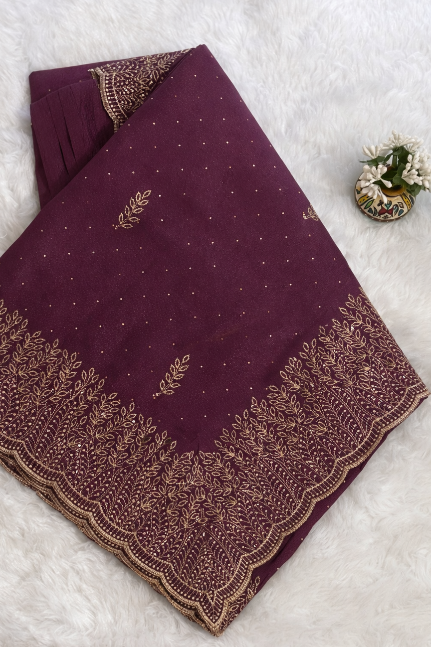 Purple Embroidered Saree with Intricate Thread Work Border