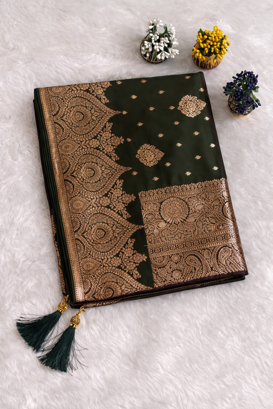 Green Banarasi-Style Saree with Rich Gold Zari Border