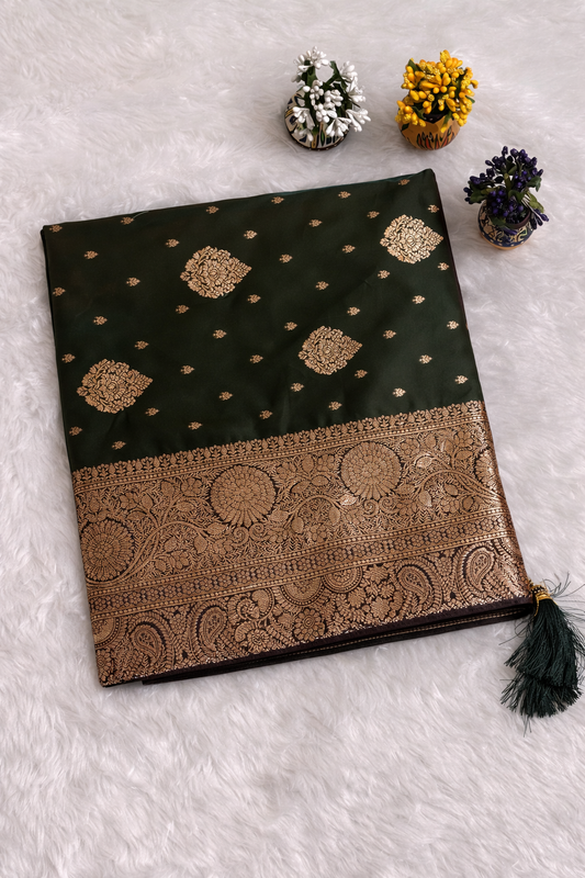 Green Banarasi-Style Saree with Rich Gold Zari Border