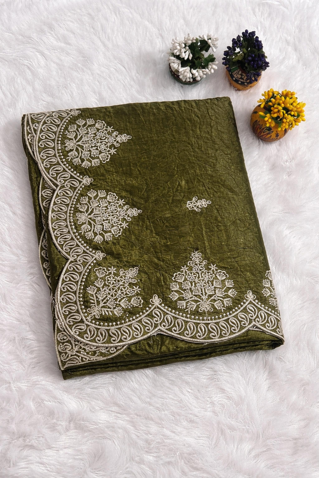 Olive Green Jimmy Choo Style Saree with Elegant White Embroidery