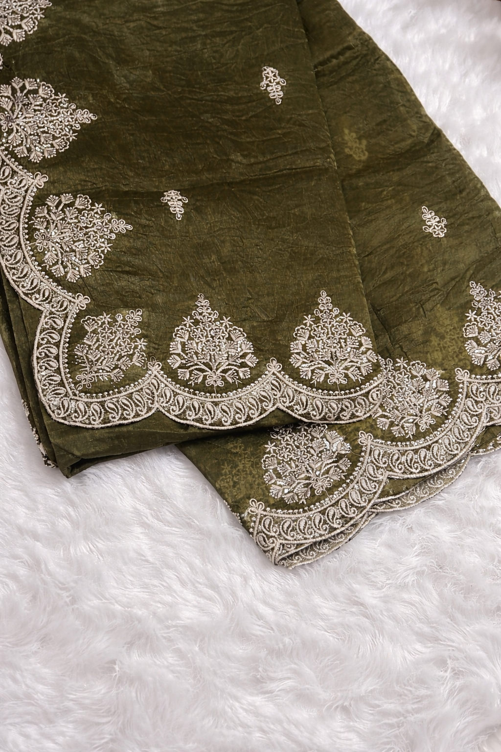 Olive Green Jimmy Choo Style Saree with Elegant White Embroidery