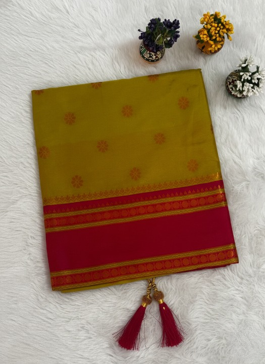Greenish yellow & Rani Pink Traditional Silk Saree with Woven Border and Tassels