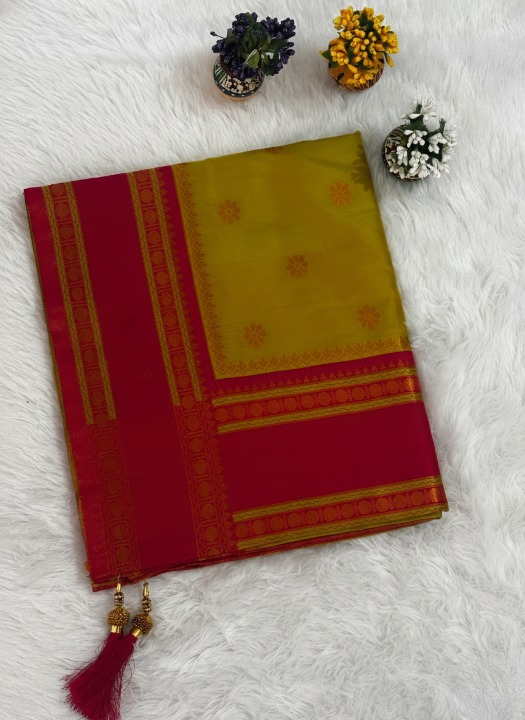 Greenish yellow & Rani Pink Traditional Silk Saree with Woven Border and Tassels