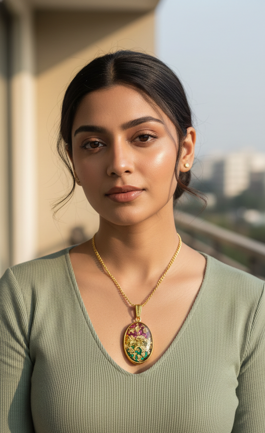 Golden Aurora Resin Pendant Necklace – Handmade Gold Foil Oval Statement Jewellery