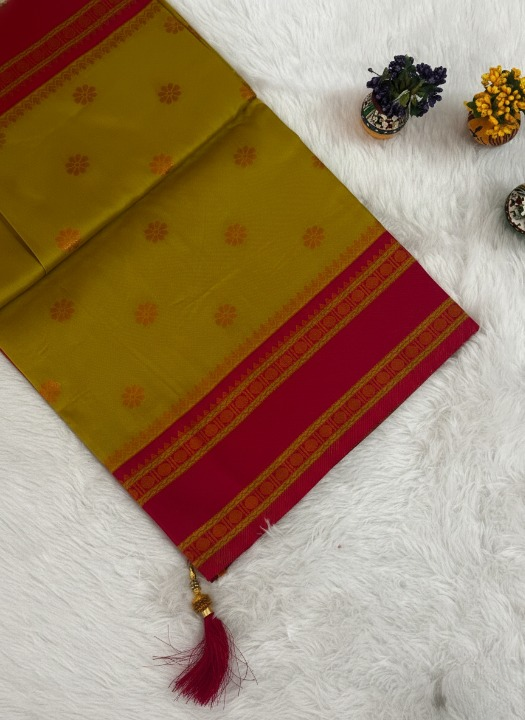 Greenish yellow & Rani Pink Traditional Silk Saree with Woven Border and Tassels