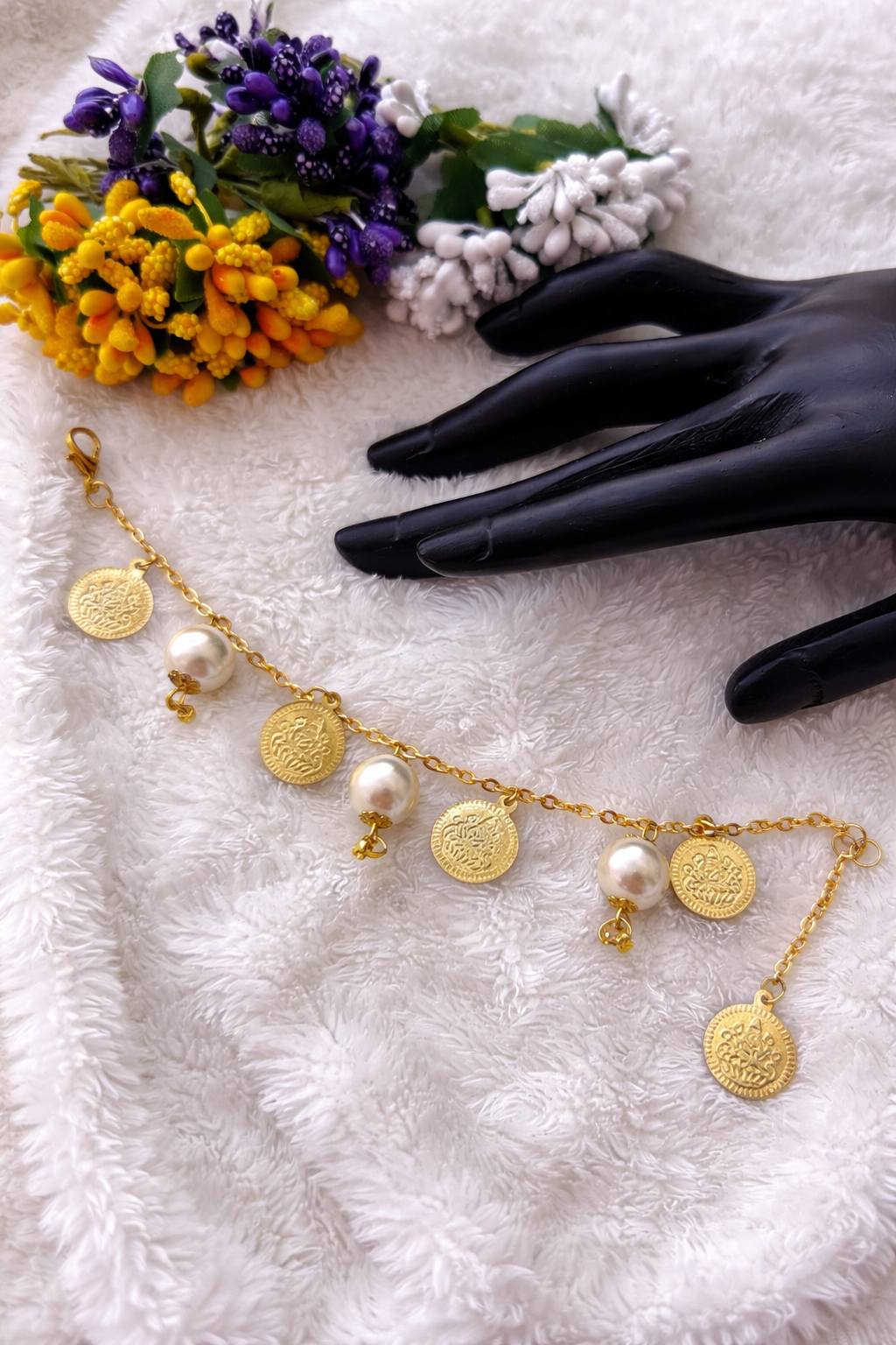 Gold Coin & Pearl Charm Bracelet