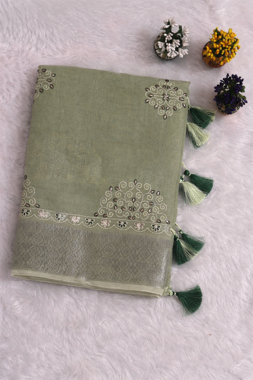 Green Premium Handloom Linen Silk Saree with Elegant Embroidery, Zari Border & Tassels