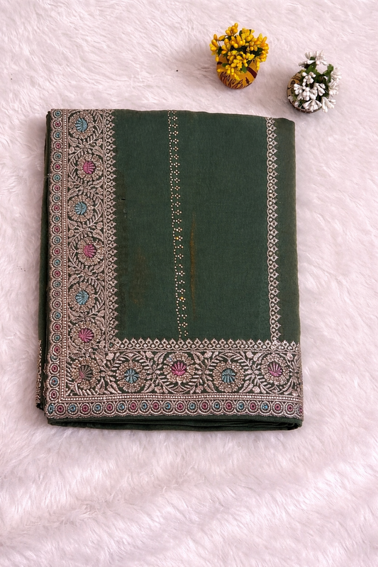 Bottle Green Linen Silk Saree with Multicolor Embroidered Border