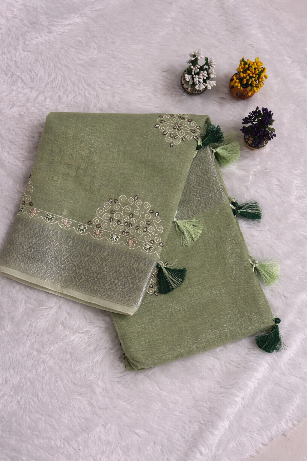 Green Premium Handloom Linen Silk Saree with Elegant Embroidery, Zari Border & Tassels