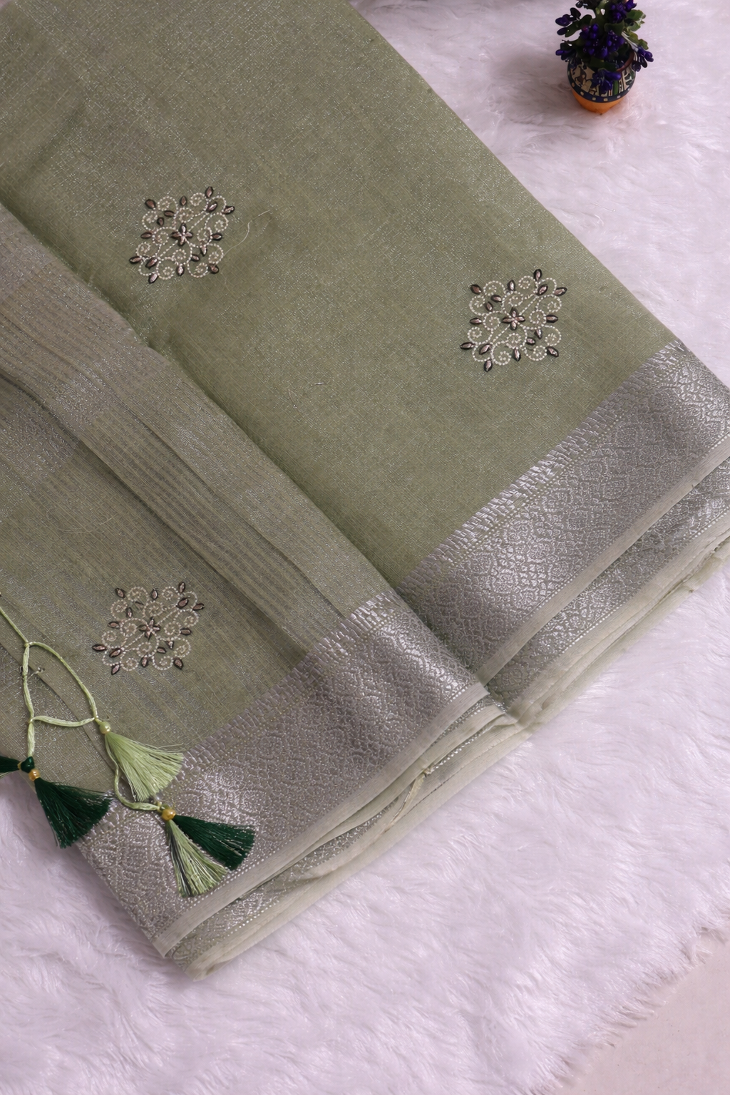 Green Premium Handloom Linen Silk Saree with Elegant Embroidery, Zari Border & Tassels