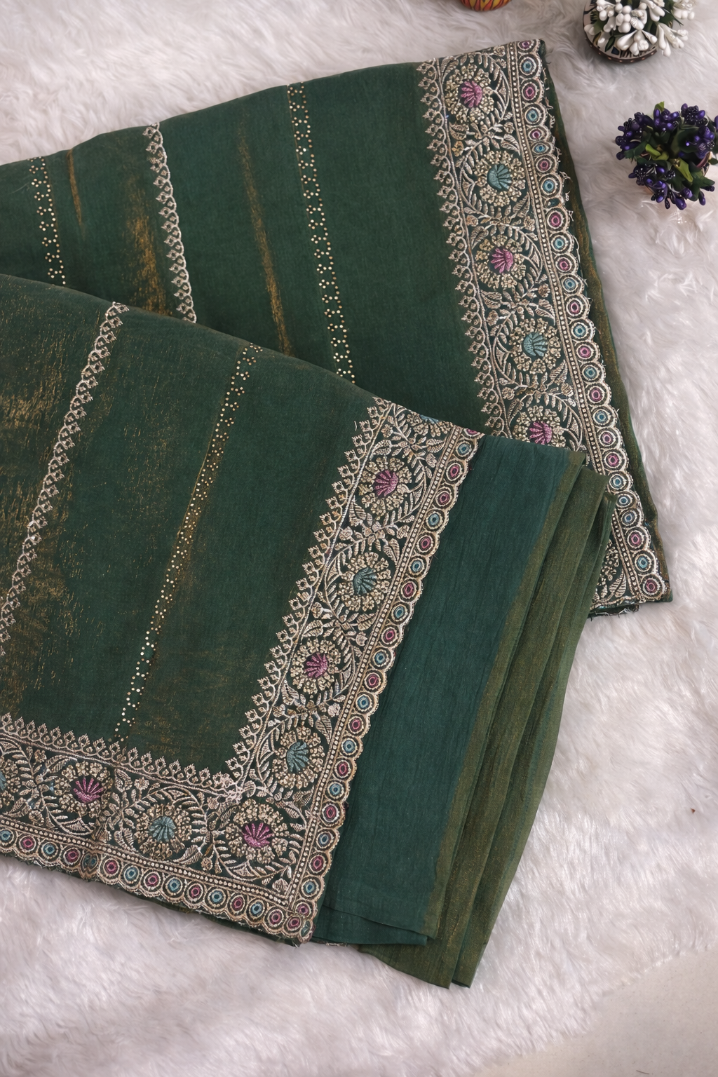 Bottle Green Linen Silk Saree with Multicolor Embroidered Border